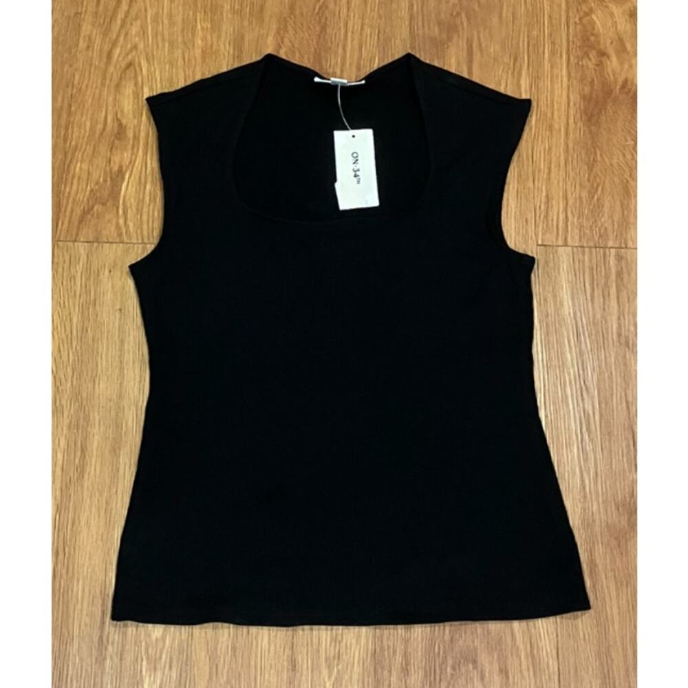 ON 34th Women Core Cap Sleeve Square Neck Ribbed Top Black S